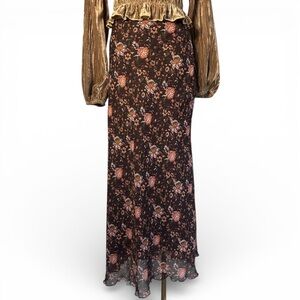 Y2K KATHIE LEE Brown Dark Floral Midi Skirt Whimsigoth Fairy Grunge Goblin Sz 16